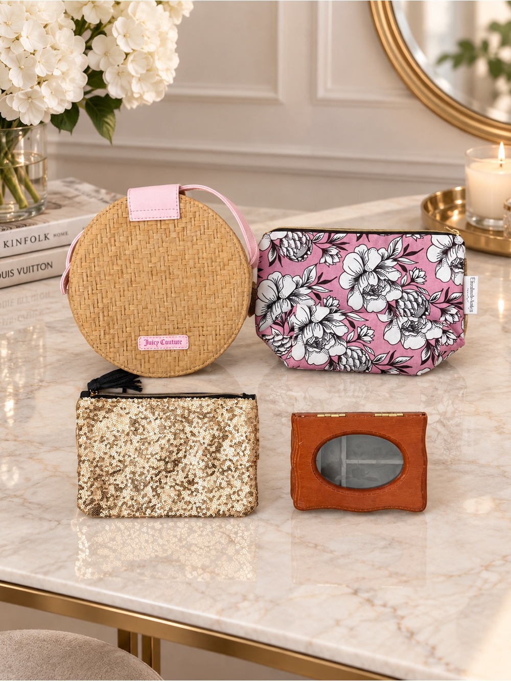 Juicy Couture Straw Round Bag Bow Elizabeth Arden Ipsy Sequin Pch Wood Jwlry Box